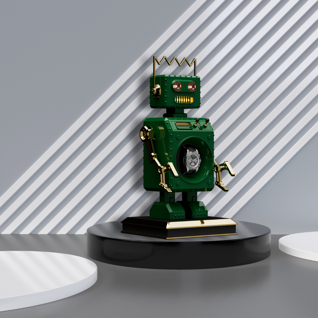 The Retro-Bot robot shaped watch winder in green standing on a circular black plinth with a grey background with white stripes