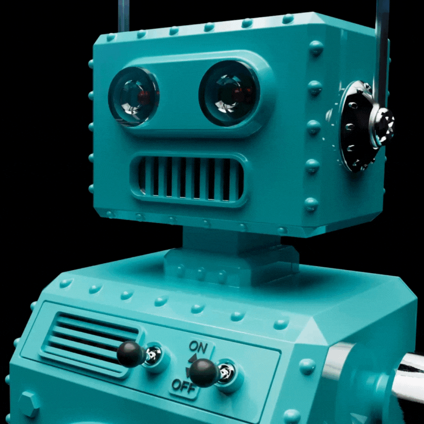 gif showing the Retro-Bot watchwinder facial features. a switch flips up and turns the lights on. the lights are red for the eyes, yellow for the mouth and orange for the chest plate. The retro-bot is an aqua blue colour