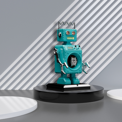 The Retro-Bot robot shaped watch winder in aqua blue standing on a circular black plinth with a grey background with white stripes