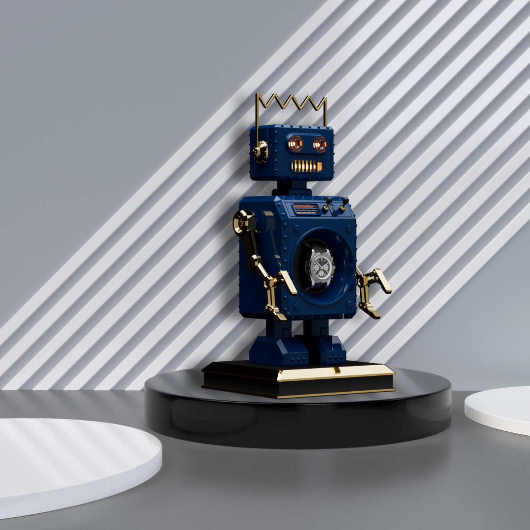 The Retro-Bot robot shaped watch winder in navy blue standing on a circular black plinth with a grey background with white stripes